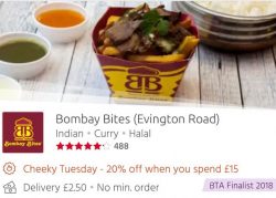 Bombay Bites Evington Road 20% off Just Eat 'Cheeky Tuesdays' Leicester