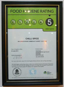 food hygiene rating 5 Chilli Spice Surrey Camberley Indian curry