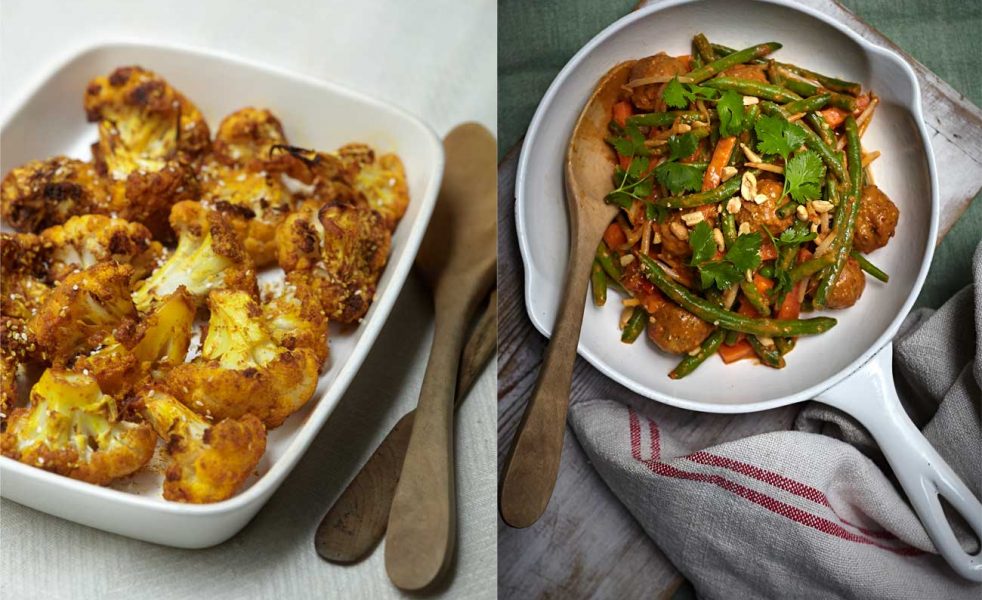 Tandoori Cauliflower (left), Thai Veggie Meatballs (right)