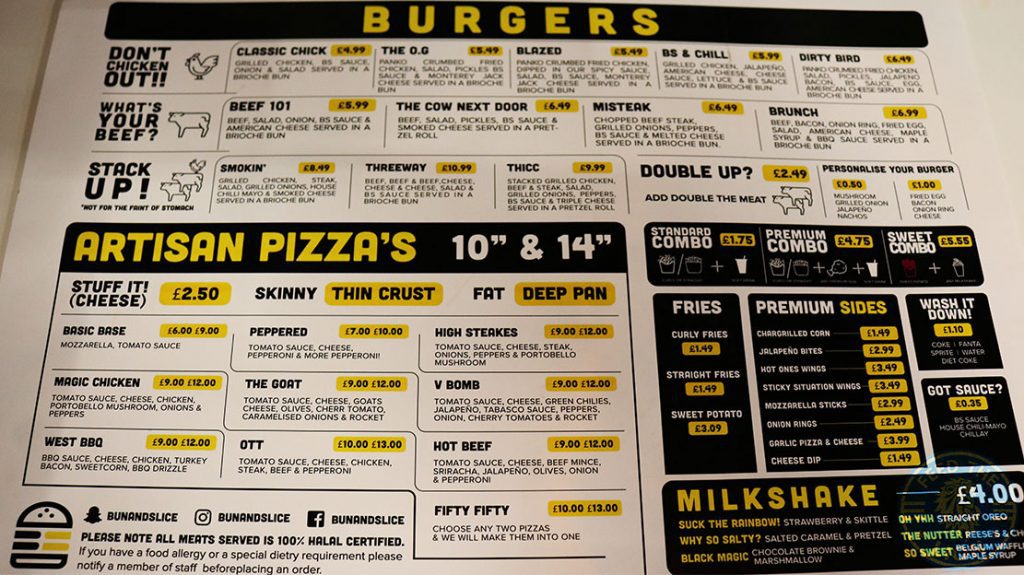 menu Bun & Slice Halal Manchester restaurant pizza burger Feed the Lion