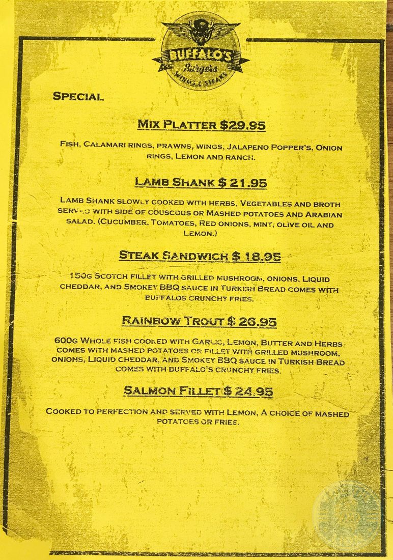 menu Buffalo's Halal burgers steaks wings Liverpool NSW Australia