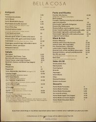 menu Bella Cosa Halal Italian Canary Wharf London restaurant