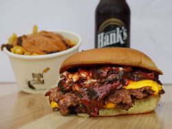 Bun and Sum pastrami smoked smash burgers Halal delivery takeaway in Bow London