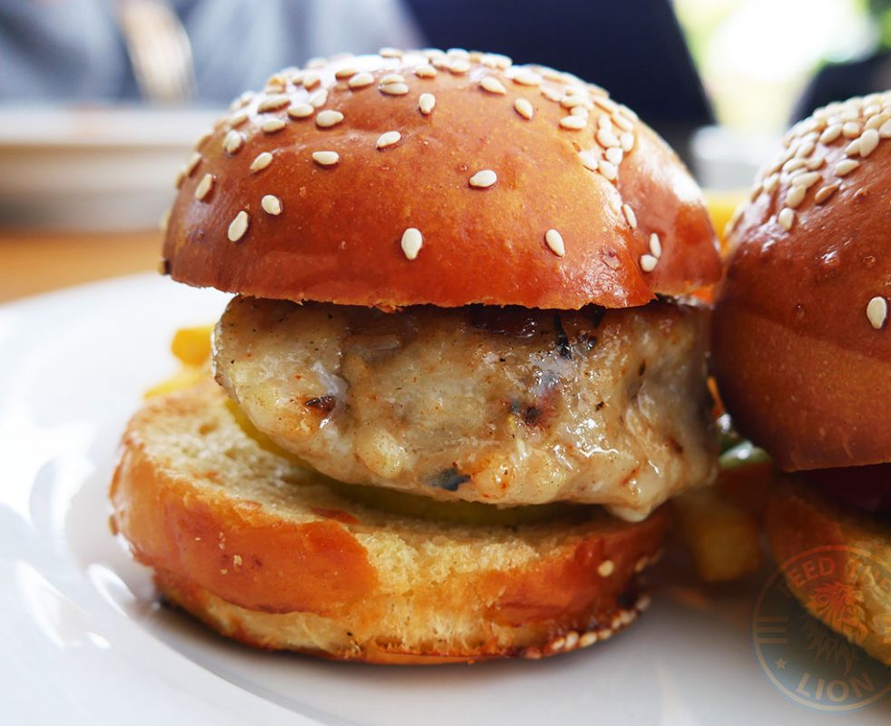 Fish Burger – Tartar sauce, tomato, green salad, lemon confit, cheddar, tempura fried basil.