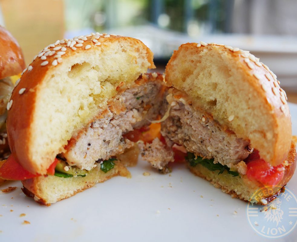 Chicken Burger – BBQ sauce, tomato, greenb salad, olive, cheddar, tempura fried basil.