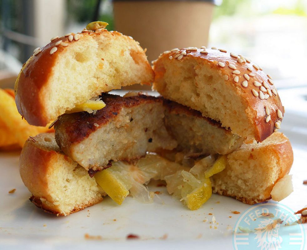 Fish Burger – Tartar sauce, tomato, green salad, lemon confit, cheddar, tempura fried basil.