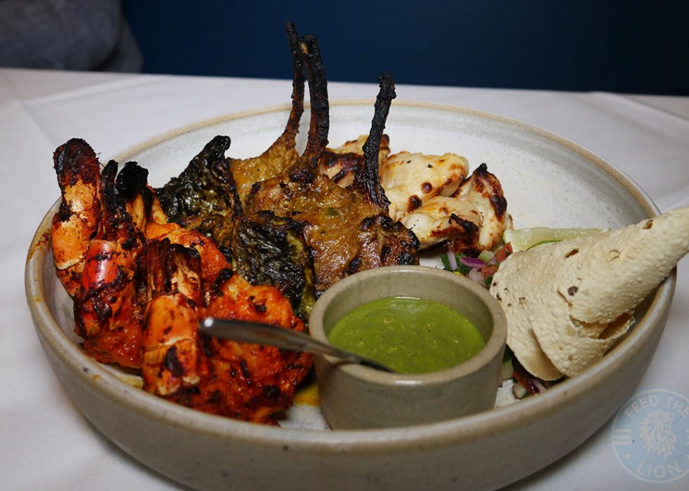 Masala Mixed Grill (veggie version available upon request) – selection of lamb chops, prawn, fish, chicken tikka, £22.00