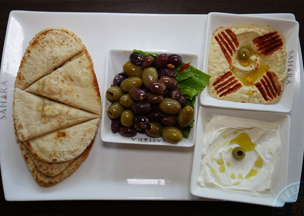 Mixed Dip Platter – A variety of Mediterranean mezzes served with toasted pitta, £12.95