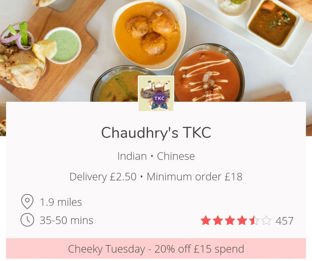 ub6-tkc chaudhry's southall Cheeky Tuesdays get 20% off JustEat London UK